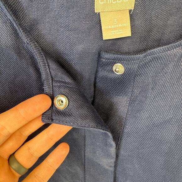 Chico's Short Linen Utility Jacket Womens Size 3 Navy Blue Snap Front 3/4 Sleeve - Picture 3 of 14